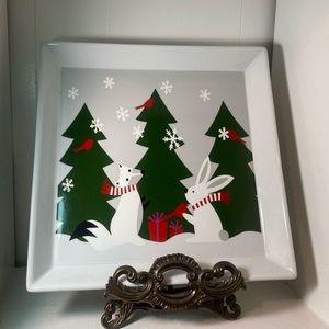 Crate & Barrel 12” Square Christmas Platter. Bunny & Fox Forest Friends